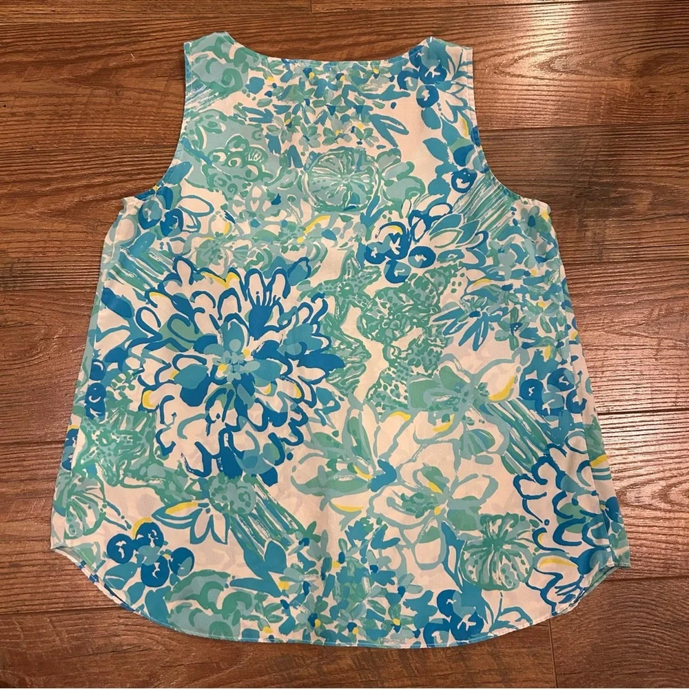 Lilly Pulitzer Dahlia Silk Tank Top Blue/White/Yellow Medium - Picture 2 of 11